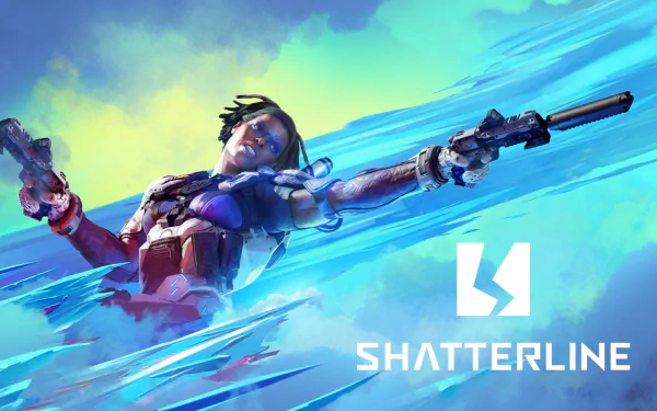 HD desktop wallpaper featuring a dynamic character from the video game Shatterline, poised with dual firearms against a vibrant blue and green background.