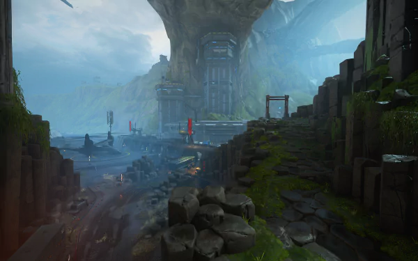 HD desktop wallpaper of Shatterline game depicting a dystopian facility amidst rocky terrain and overgrown foliage.
