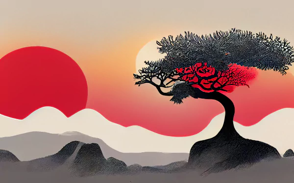 Abstract Japanese-style HD desktop wallpaper depicting a solitary tree on a mountain with a large red sun and a pale sun in the background.