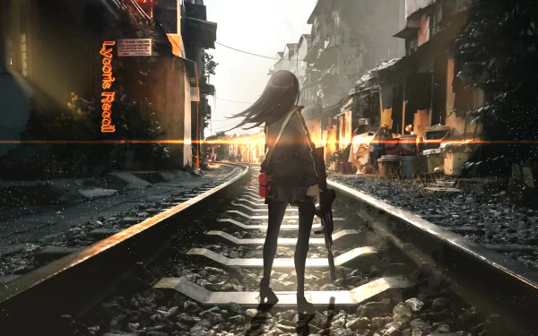 HD PC desktop wallpaper featuring Takina Inoue from the anime Lycoris Recoil standing on railroad tracks in a ruined urban setting at sunset.