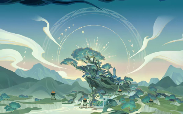 8K Ultra HD PC desktop wallpaper featuring a vibrant, stylized landscape from Sumeru in the video game Genshin Impact, showcasing lush greenery and mystical elements.