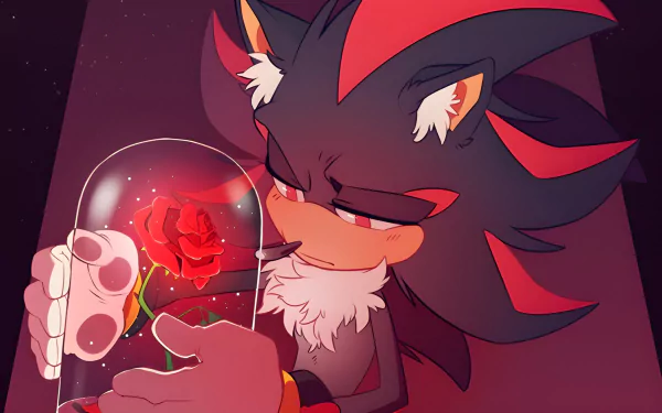 HD PC desktop wallpaper featuring Shadow the Hedgehog from Sonic Adventure 2 Battle, with fluffy fur, red eyes, and holding a rose under a glass dome.