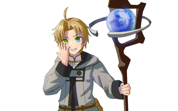 Rudeus Greyrat from Mushoku Tensei: Jobless Reincarnation — anime HD PC wallpaper of a smiling blond boy with green eyes holding a magical staff topped by a blue orb.