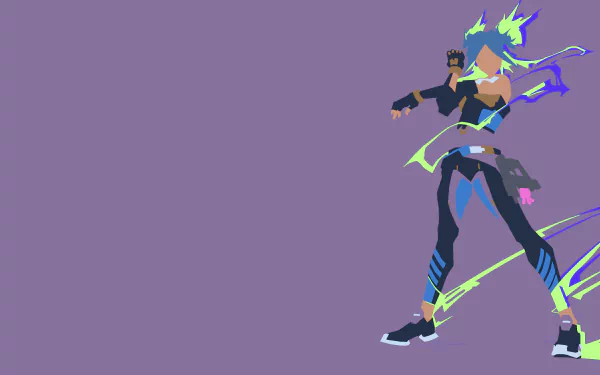 Neon from Valorant in dynamic pose with electric effects, depicted in vibrant colors on a purple background for a 4K Ultra HD PC desktop wallpaper.