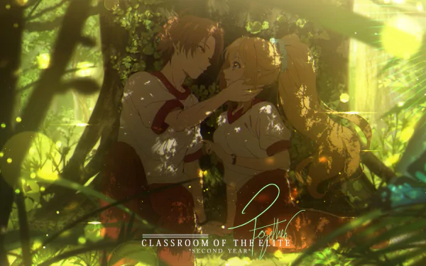 HD wallpaper of Kiyotaka Ayanokōji and Kei Karuizawa from the anime Classroom of the Elite, set in a sunlit, serene forest scene.