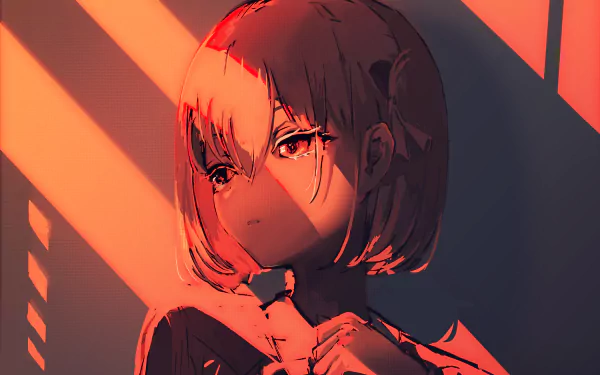 HD anime desktop wallpaper featuring Chisato Nishikigi from Lycoris Recoil, bathed in warm orange light with dramatic shadows.