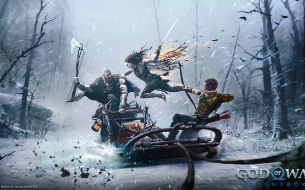 4K Ultra HD wallpaper featuring Freya, Atreus, and Kratos from the video game God of War: Ragnarök in a snowy, dynamic action scene.