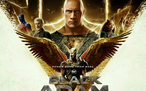 HD PC desktop wallpaper featuring characters from the movie Black Adam with a glowing, electrified background and the title prominently displayed.