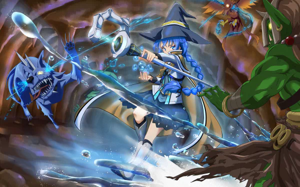 Roxy Migurdia from Mushoku Tensei: Jobless Reincarnation — blue-haired witch in a cave casting water magic against monsters; 5K Ultra HD PC desktop wallpaper/background.