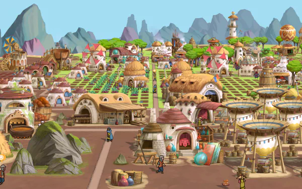 HD wallpaper featuring colorful artwork of The Wandering Village with whimsical buildings and landscape for desktop background.