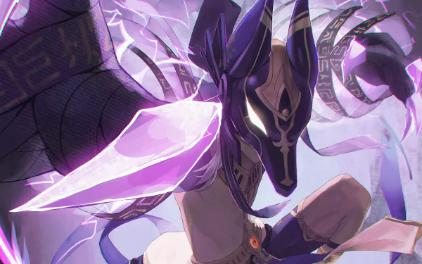 HD PC desktop wallpaper featuring Cyno from the video game Genshin Impact, showcasing dynamic purple energy and intricate character design.