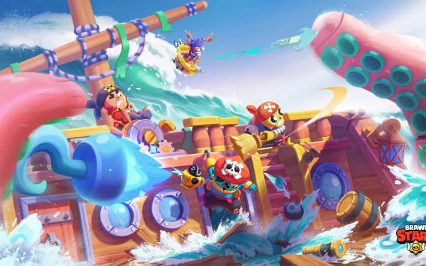 HD PC desktop wallpaper featuring vibrant Brawl Stars characters battling on a ship amid crashing waves, with a giant sea creature's tentacles surrounding them.