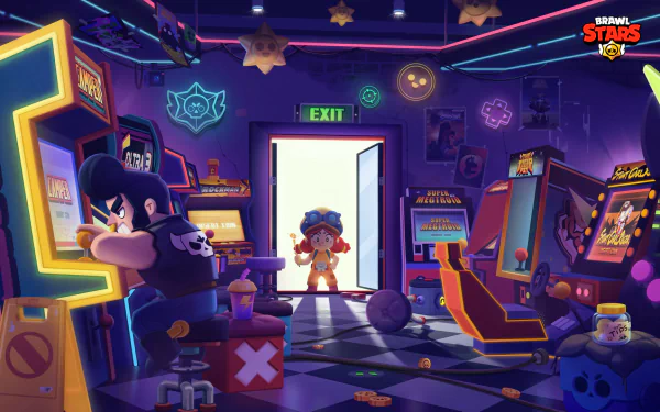 HD PC desktop wallpaper featuring a vibrant Brawl Stars arcade scene with characters and neon-lit game cabinets in a colorful video game environment.