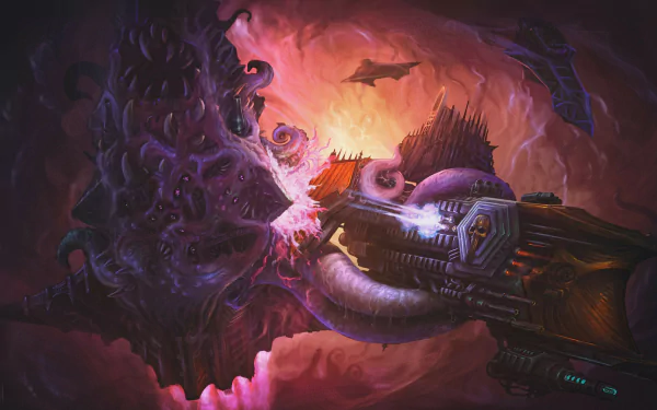 HD desktop wallpaper featuring a vibrant sci-fi scene with an intricate alien landscape and a futuristic weapon in the foreground.