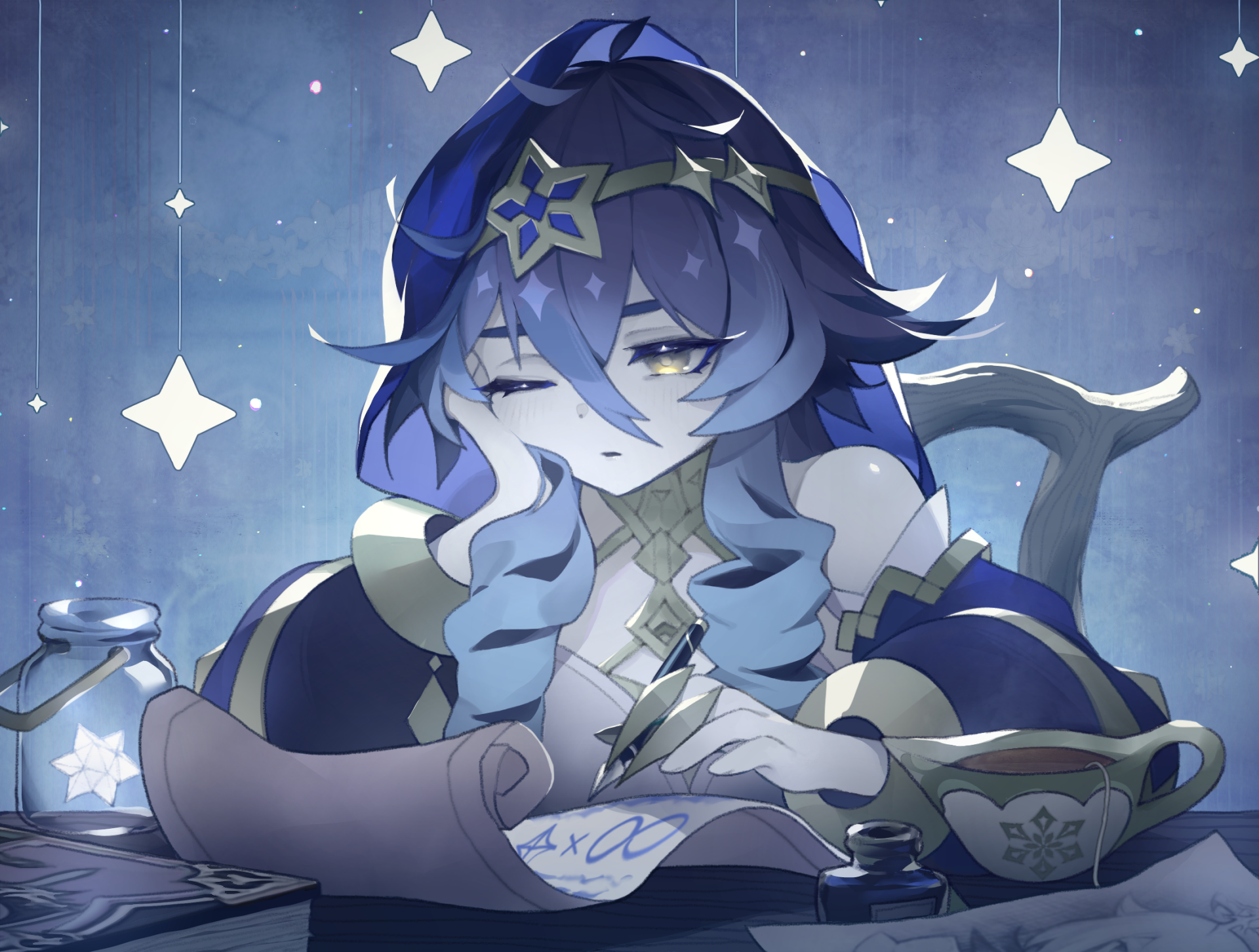 HD PC desktop wallpaper featuring Layla from the video game Genshin Impact, depicted in a serene, mystical setting with soft blue tones and glowing star motifs.