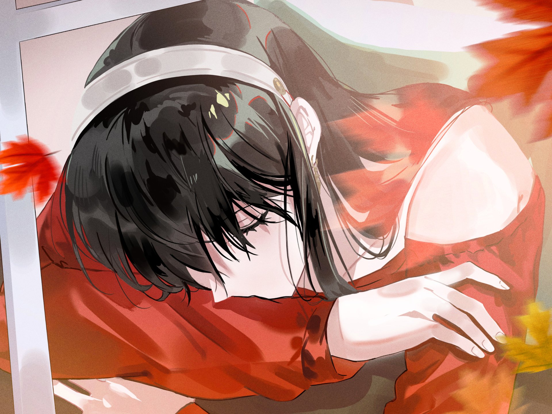 Yor Forger from Spy x Family rests peacefully amidst autumn leaves in this HD anime wallpaper, showcasing delicate shading and vibrant colors for a PC desktop background.