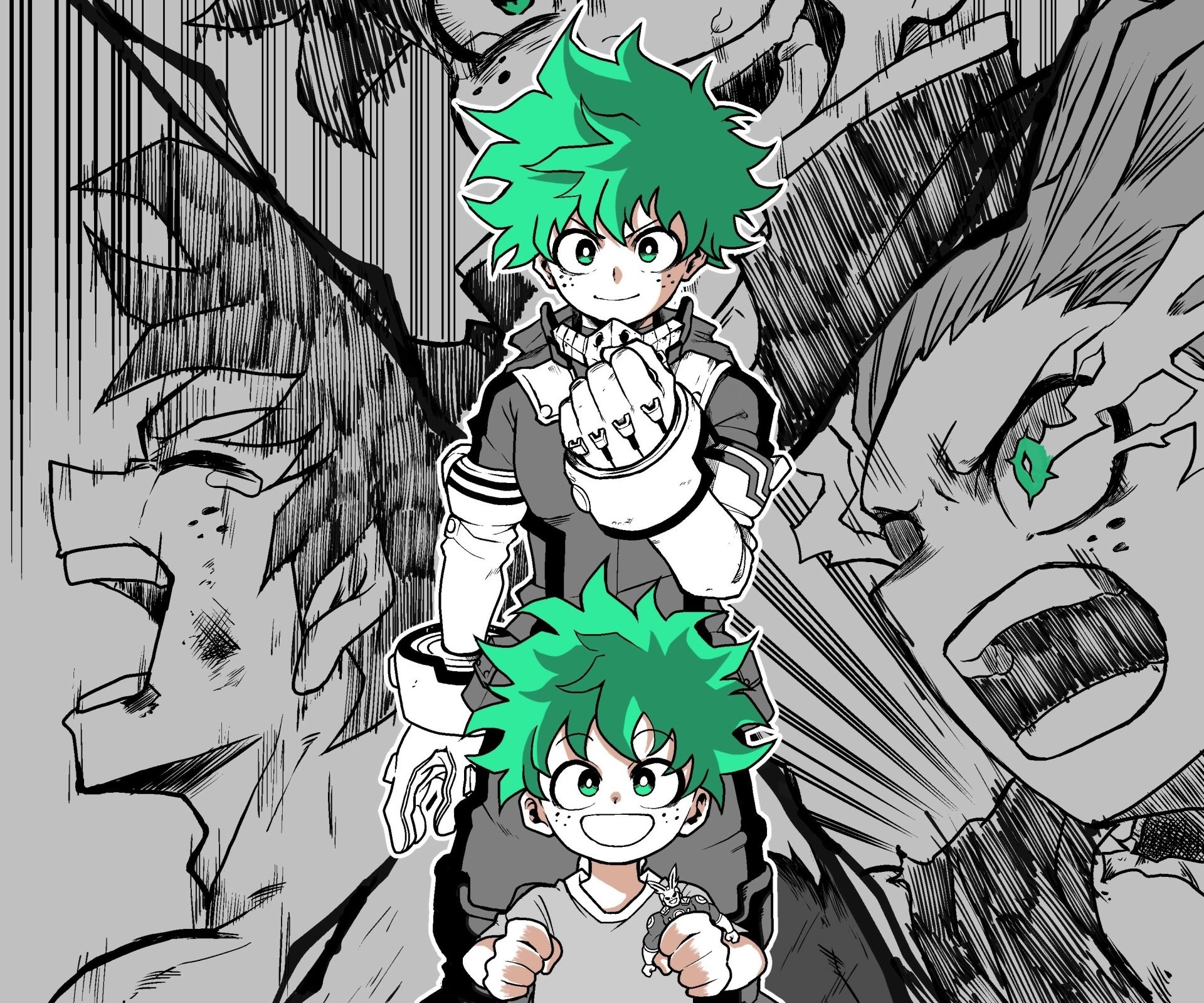 HD PC desktop wallpaper featuring Izuku Midoriya from the anime My Hero Academia, showcasing dynamic black-and-white battle scenes with vibrant green highlights.