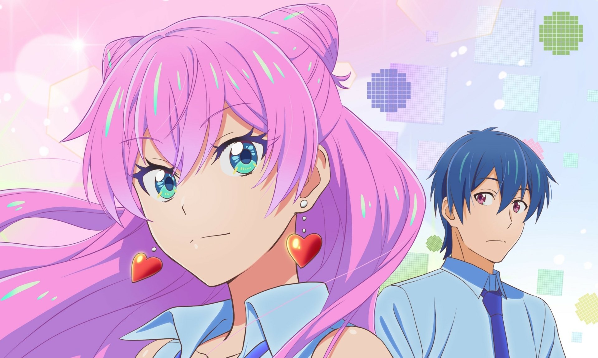 2K Quad HD anime wallpaper: Jirou Yakuin and Akari Watanabe — pink‑haired woman with heart earrings in the foreground, blue‑haired man behind, evoking more than a married couple but not lovers.