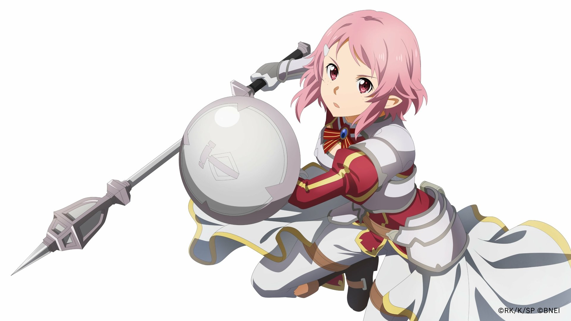 Rika Shinozaki from Sword Art Online in dynamic pose, detailed anime style, presented as a 4K Ultra HD PC desktop wallpaper and background.