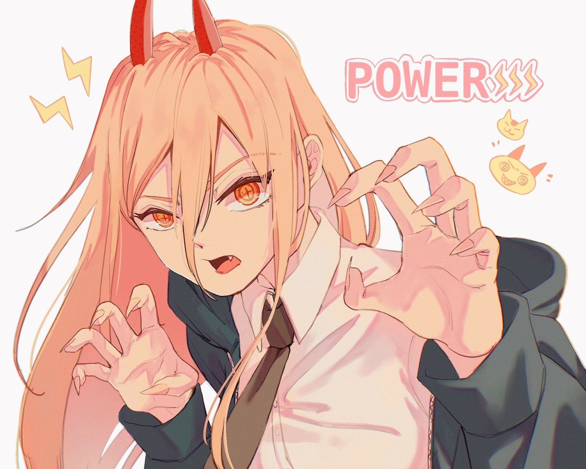 HD PC desktop wallpaper/background of Power (Chainsaw Man) — anime portrait: orange-haired, horned, clawing pose with sharp orange eyes and a playful, menacing expression with POWER text.