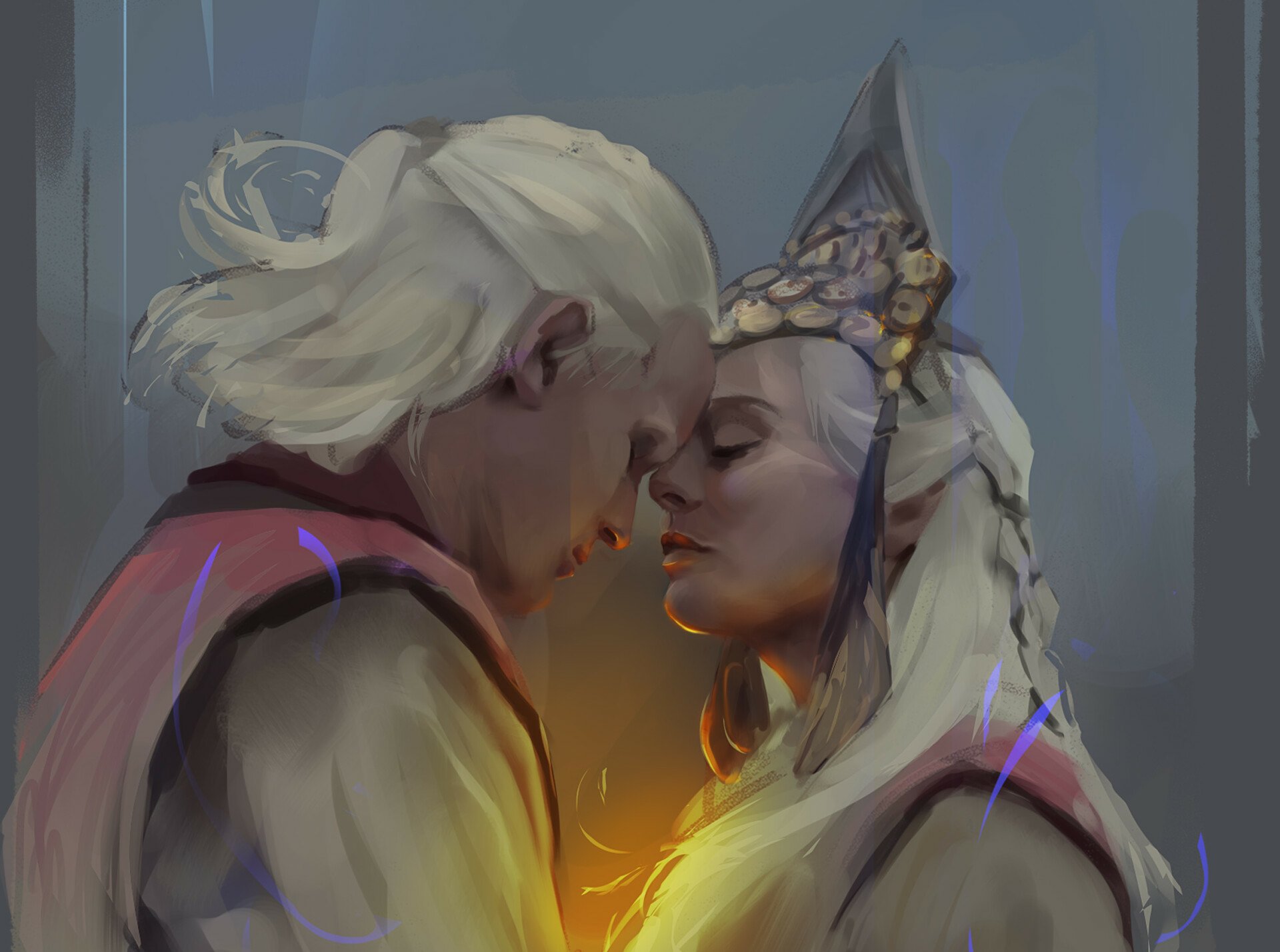 HD PC desktop wallpaper and background: painterly House of the Dragon TV show scene of two characters touching foreheads, bathed in warm golden light.