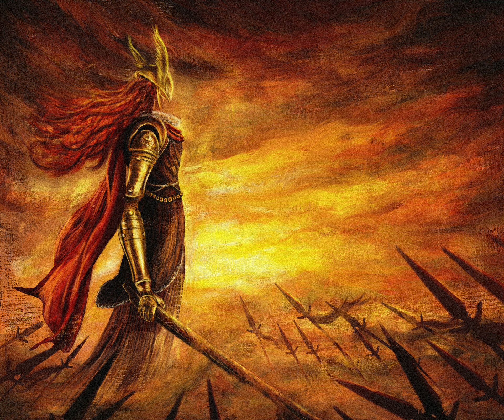 HD desktop wallpaper featuring Malenia, Blade of Miquella, from the video game Elden Ring, standing with a sword against a fiery, dramatic sky background.