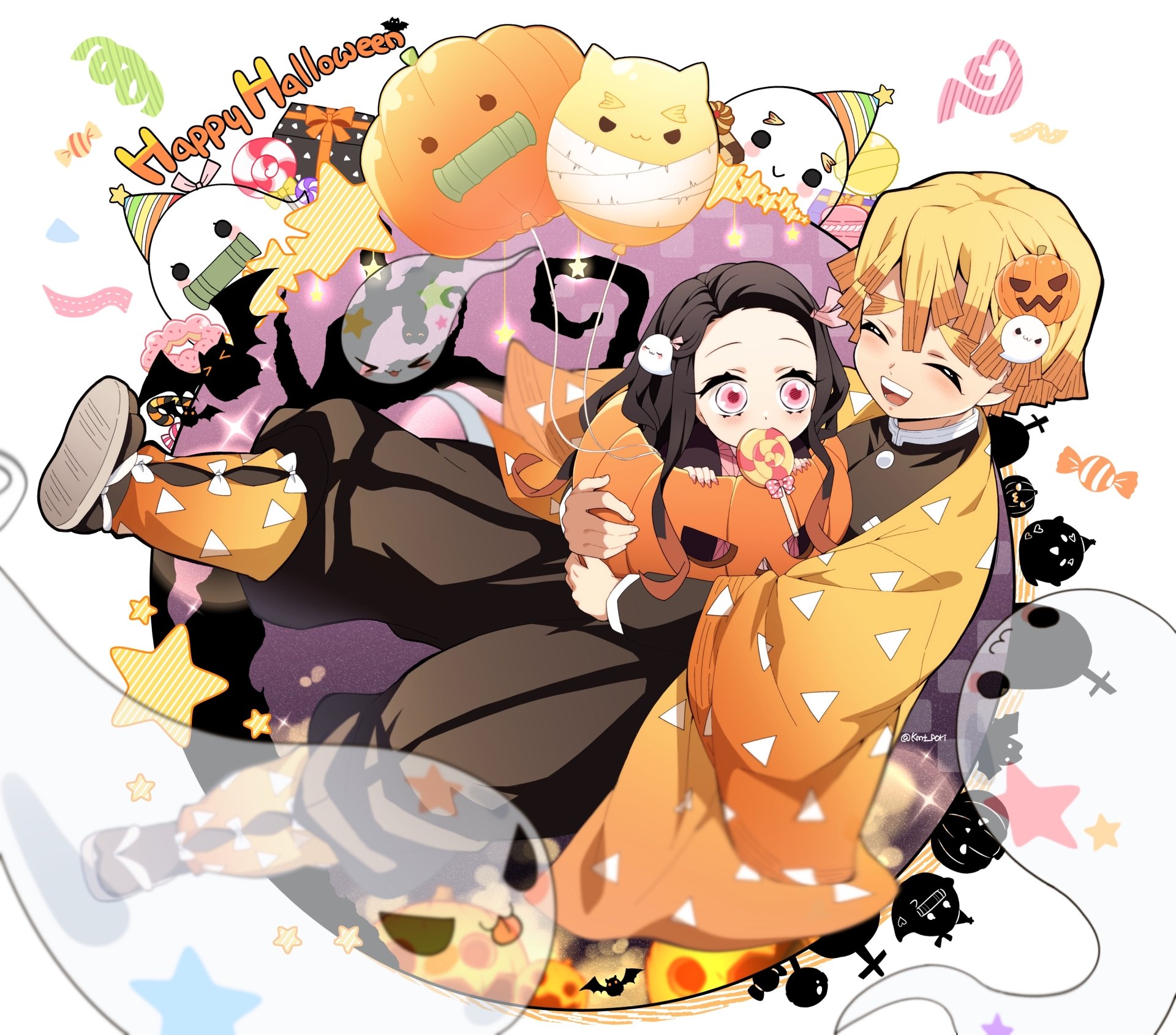 4K Ultra HD PC wallpaper featuring Zenitsu Agatsuma and Nezuko Kamado from the anime Demon Slayer: Kimetsu no Yaiba in a playful, colorful scene.