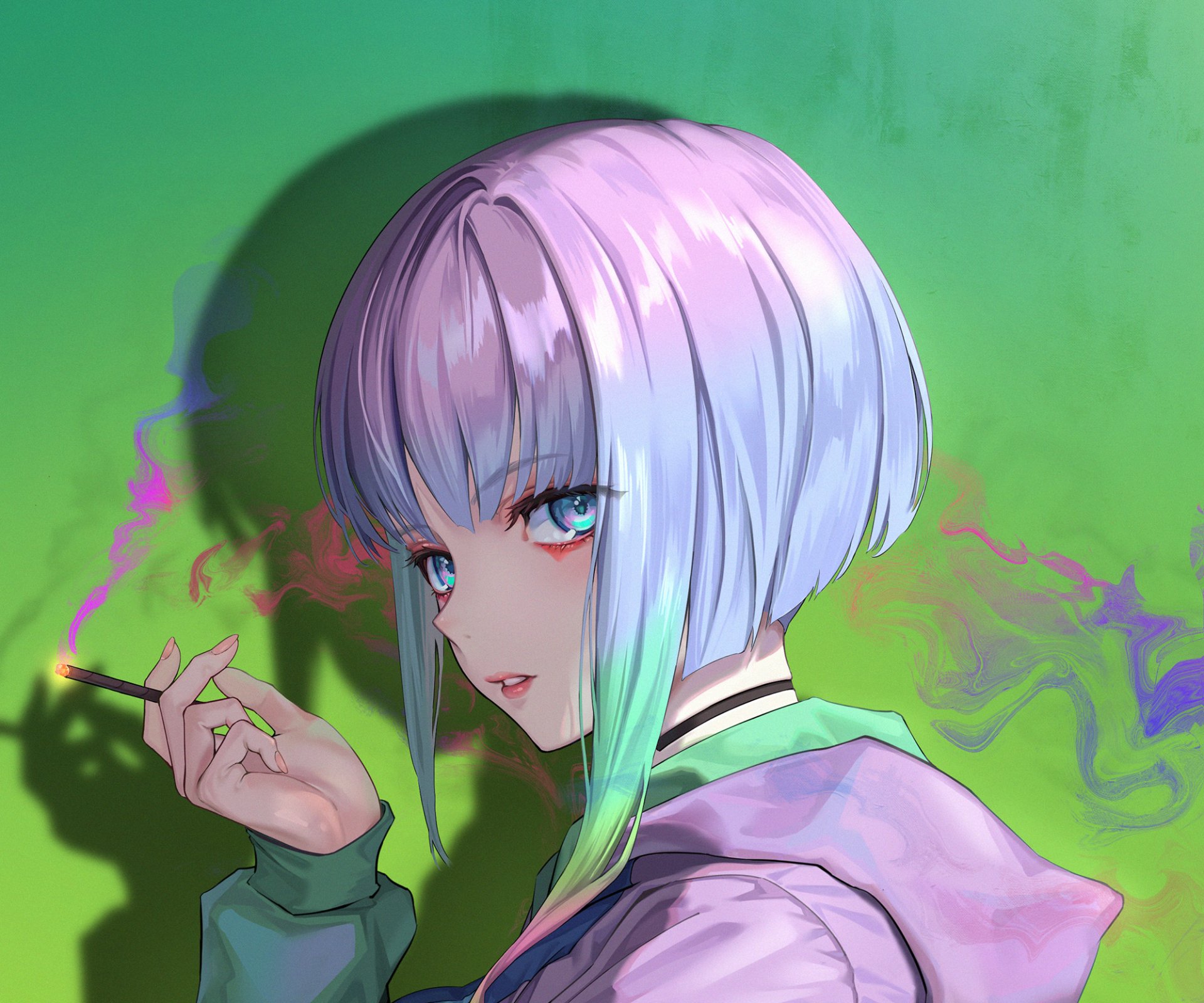 HD desktop wallpaper featuring Lucy from Cyberpunk: Edgerunners in anime style, with her signature short lavender hair and intense gaze against a green background.