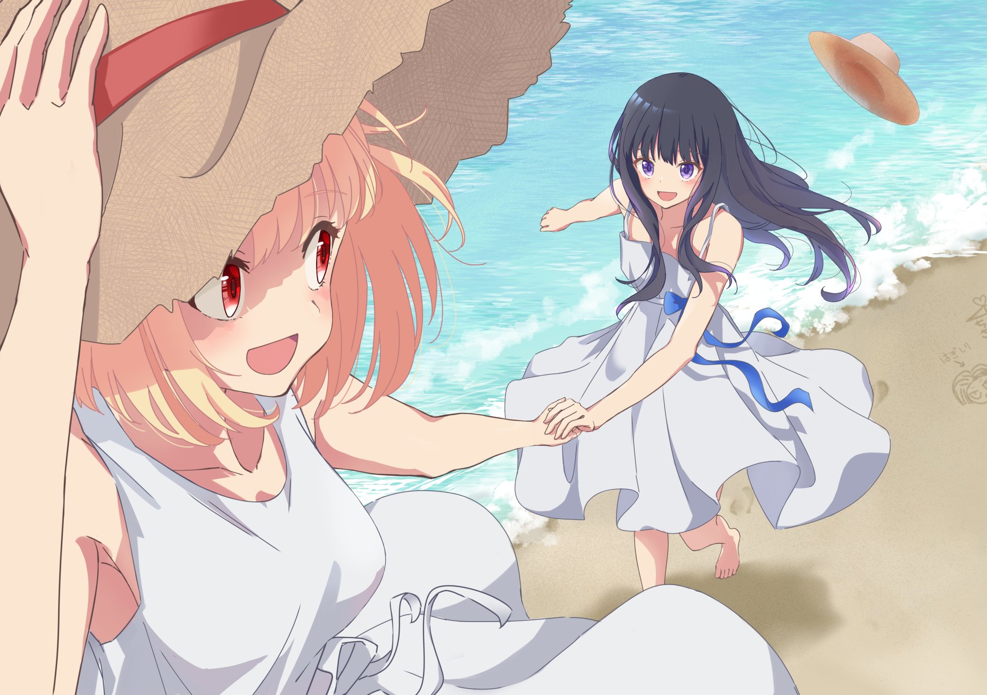 Takina Inoue and Chisato Nishikigi from Lycoris Recoil enjoy a sunny beach day, captured in vibrant 4K Ultra HD anime style as a PC desktop wallpaper.