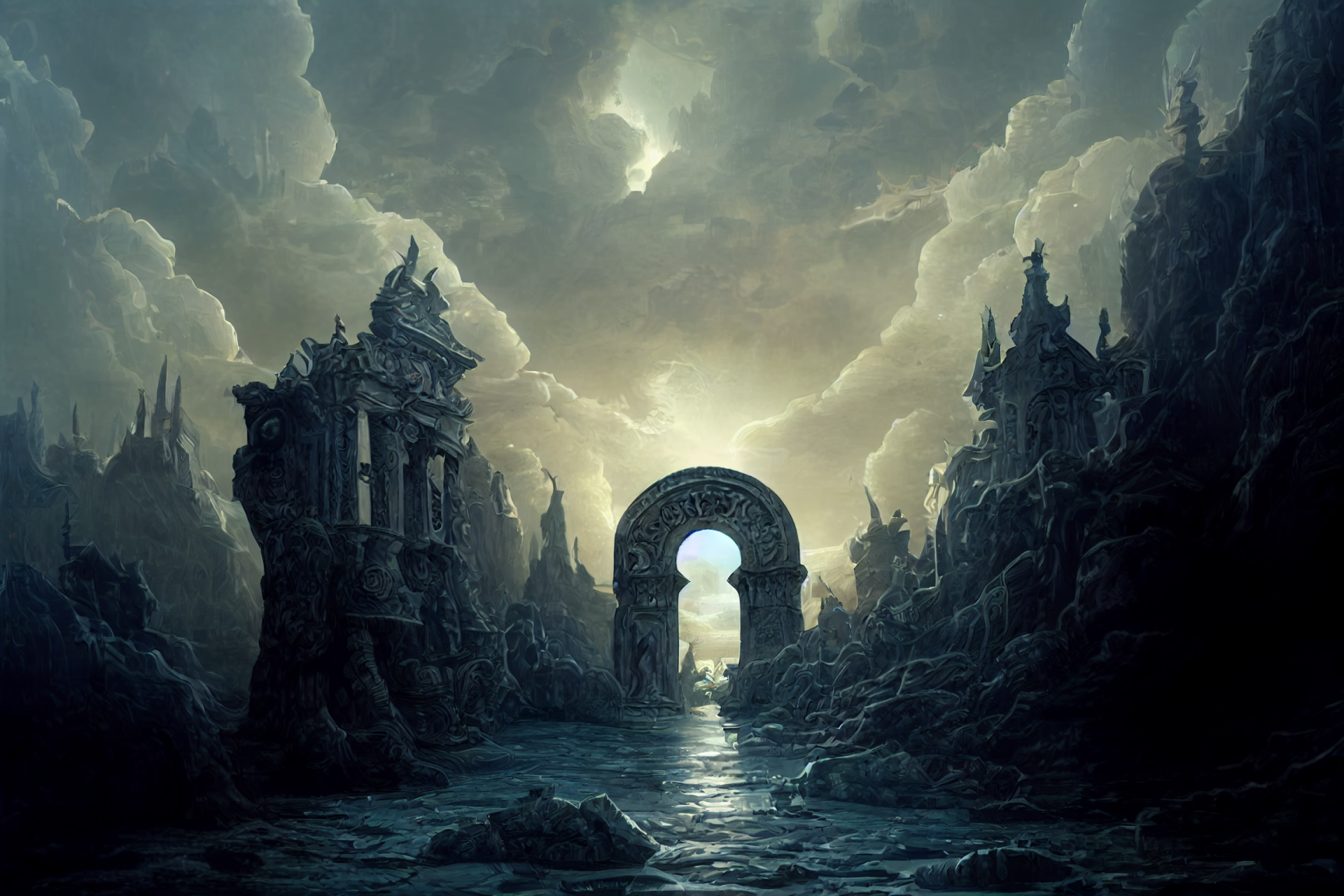 Dark fantasy AI art depicting a mysterious ancient stone archway over a misty water path, surrounded by towering, gothic ruins under a cloudy, ominous sky. HD desktop wallpaper.