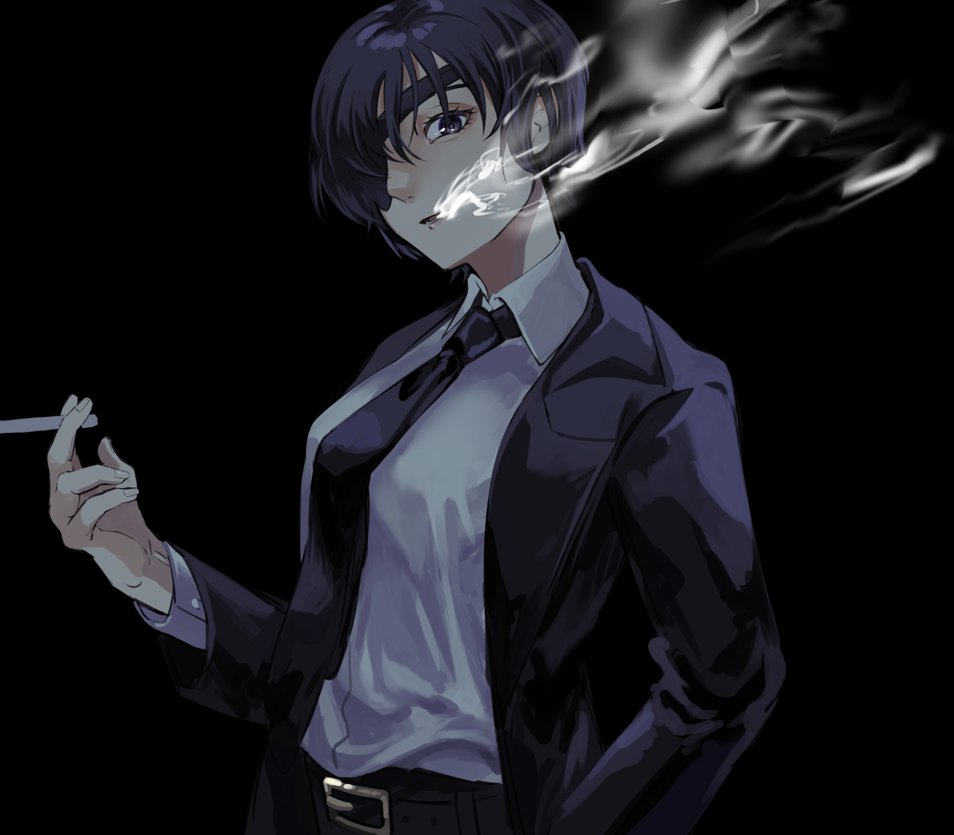 Himeno (Chainsaw Man) smoking in a dark suit and tie, smoke curling across a black background — anime 2K Quad HD PC desktop wallpaper and background.