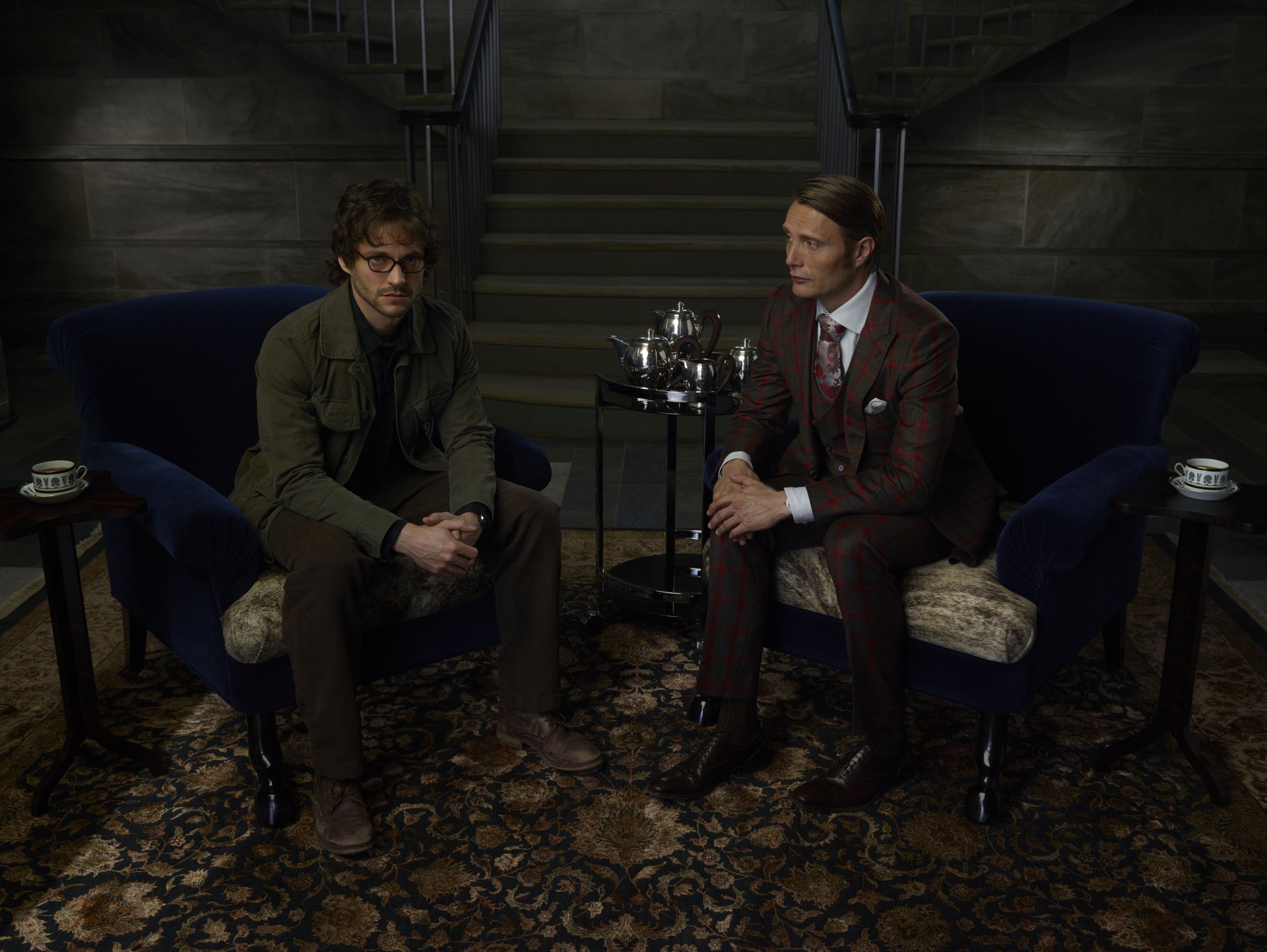 Download Mads Mikkelsen Hugh Dancy Hannibal Lecter Will Graham TV Show Hannibal HD Wallpaper