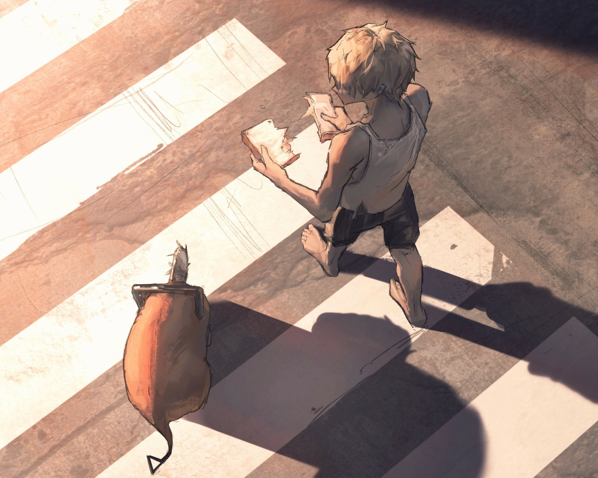 HD anime desktop wallpaper featuring Denji and Pochita from Chainsaw Man, depicted in a sunlit urban setting with dynamic shadows and soft color tones.