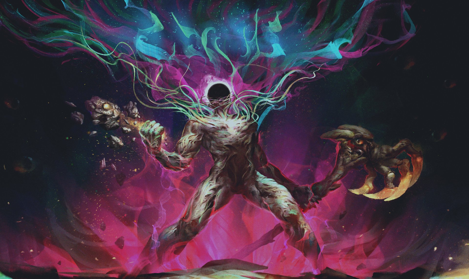 Fantasy-themed GRIME HD desktop wallpaper featuring an artistic cosmic entity with vivid colors and dynamic abstract elements.