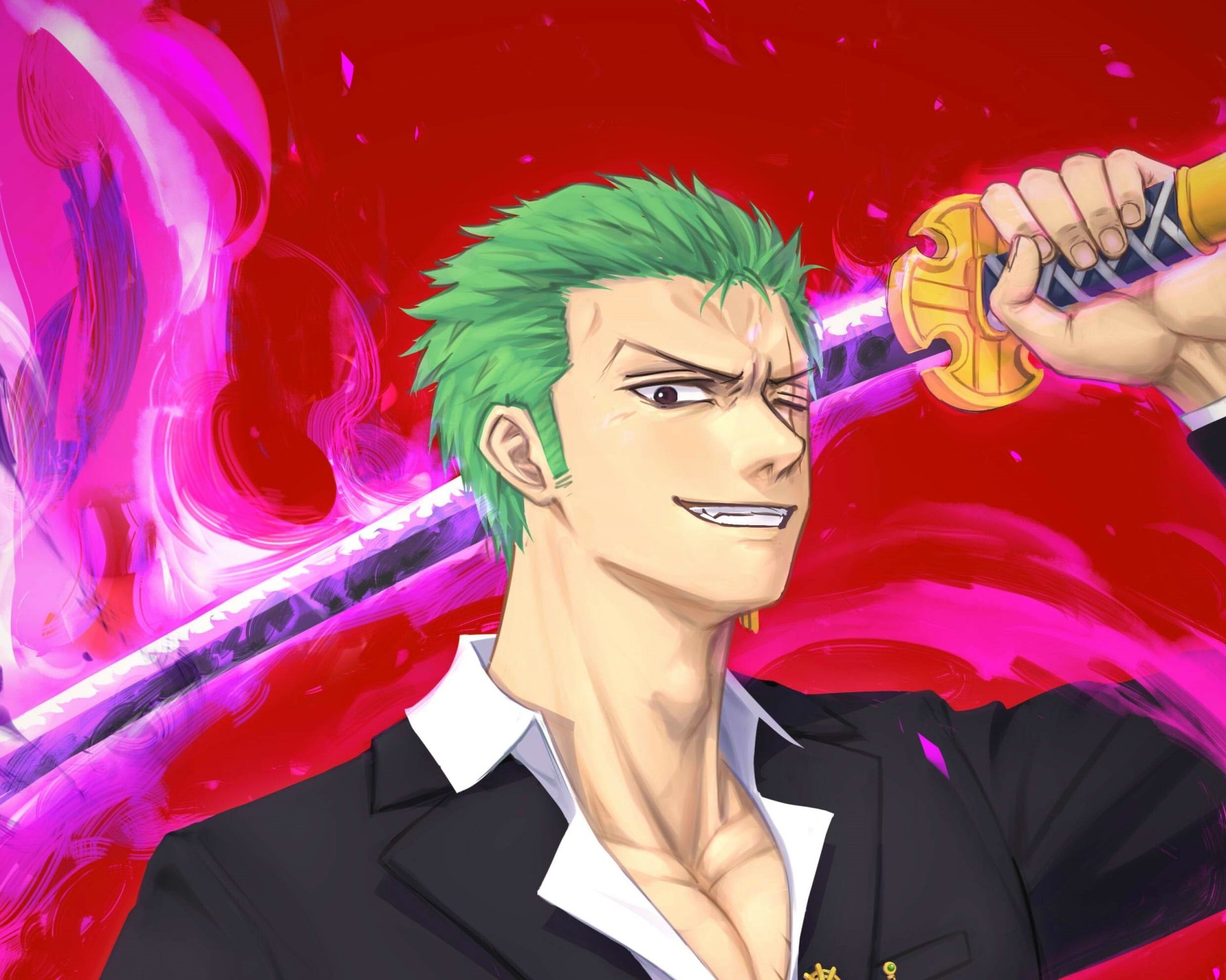 HD anime desktop wallpaper featuring Roronoa Zoro from One Piece, holding a glowing sword against a fiery red and purple background.