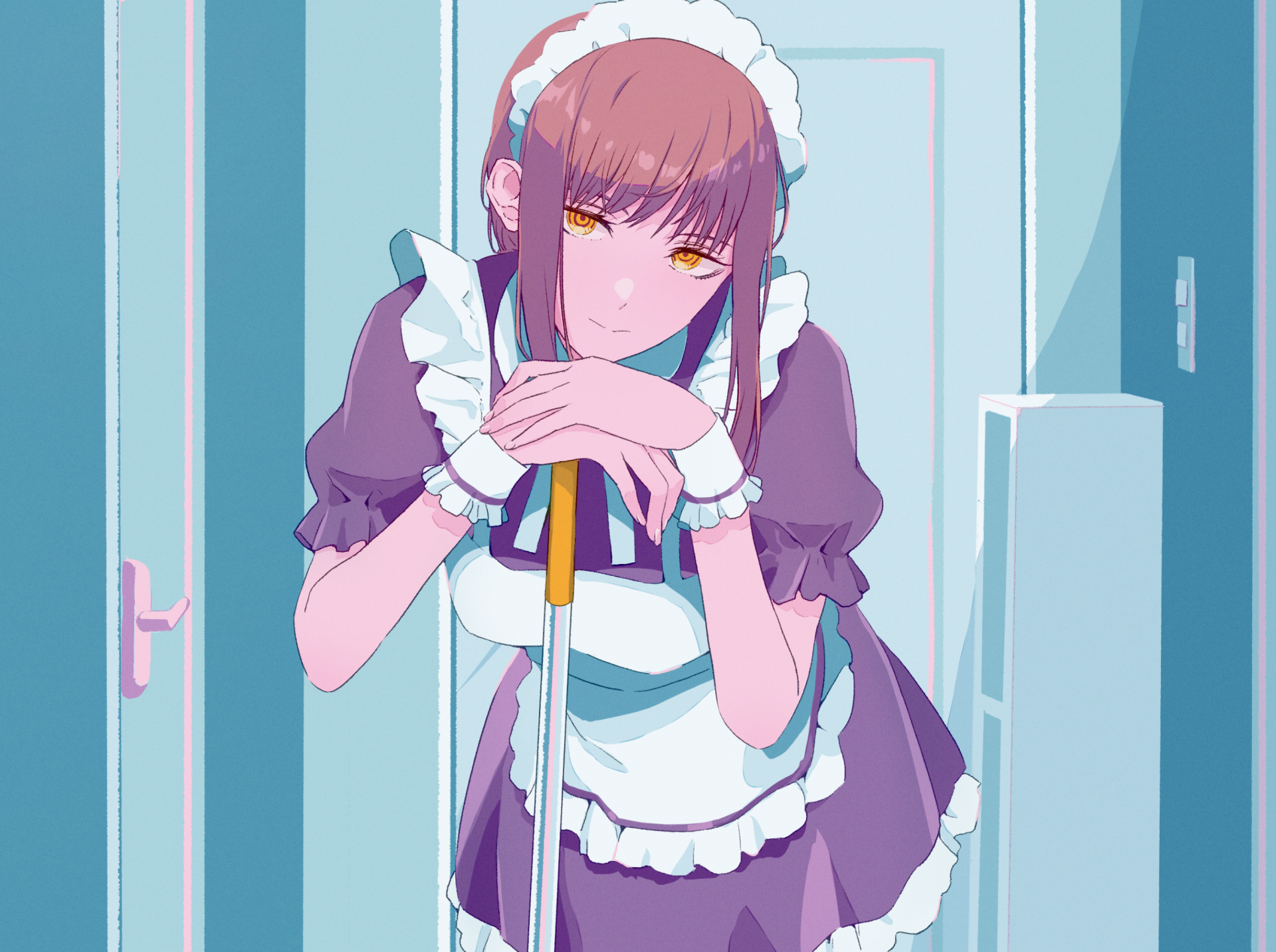 2K Quad HD PC wallpaper of Makima (Chainsaw Man) as an anime maid, leaning on a mop in a pastel blue hallway, wearing a purple maid uniform with piercing yellow eyes.