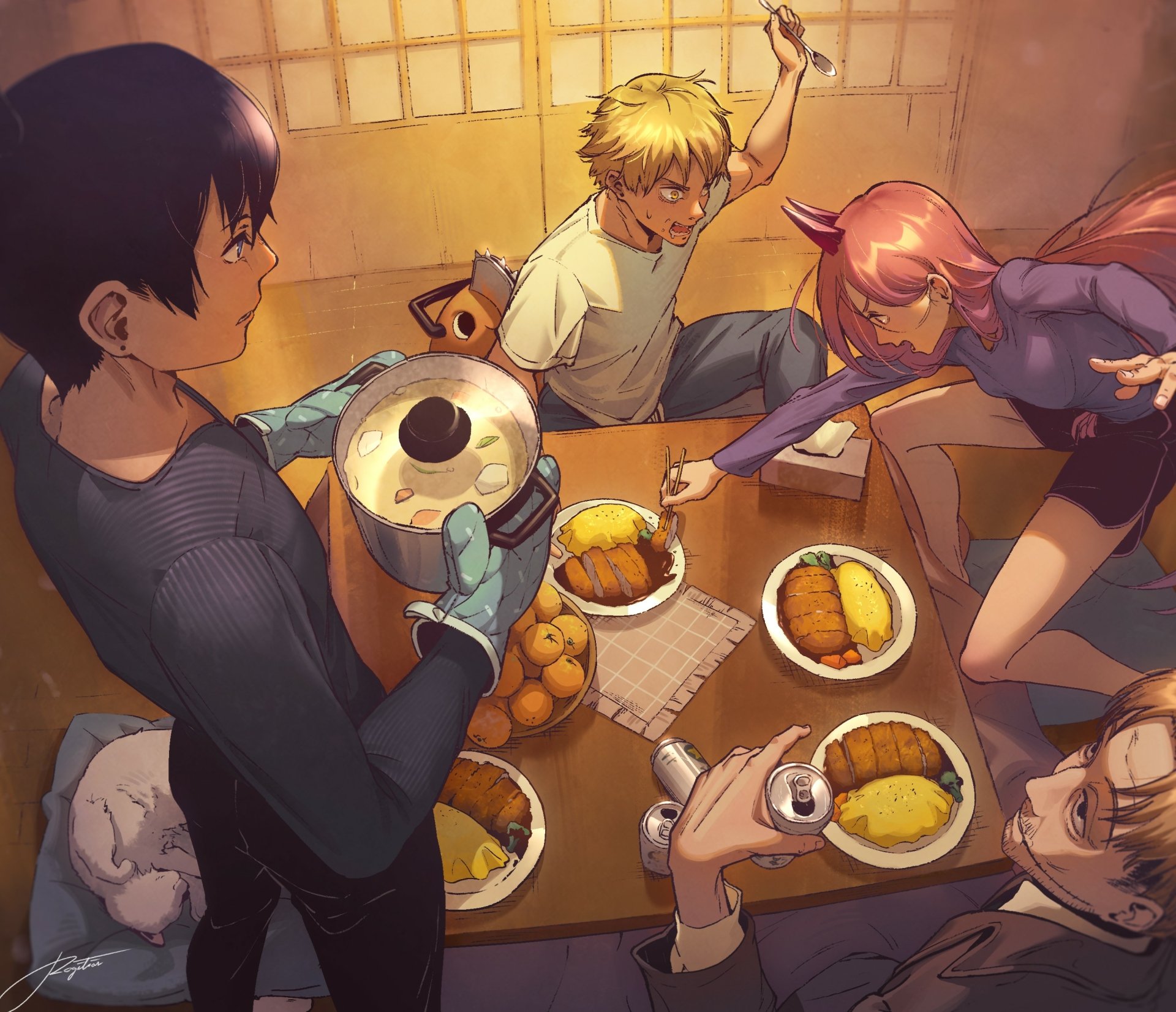 HD anime wallpaper featuring Power, Denji, and Aki Hayakawa from Chainsaw Man sharing a meal around a table, showcasing vibrant colors and dynamic character poses.