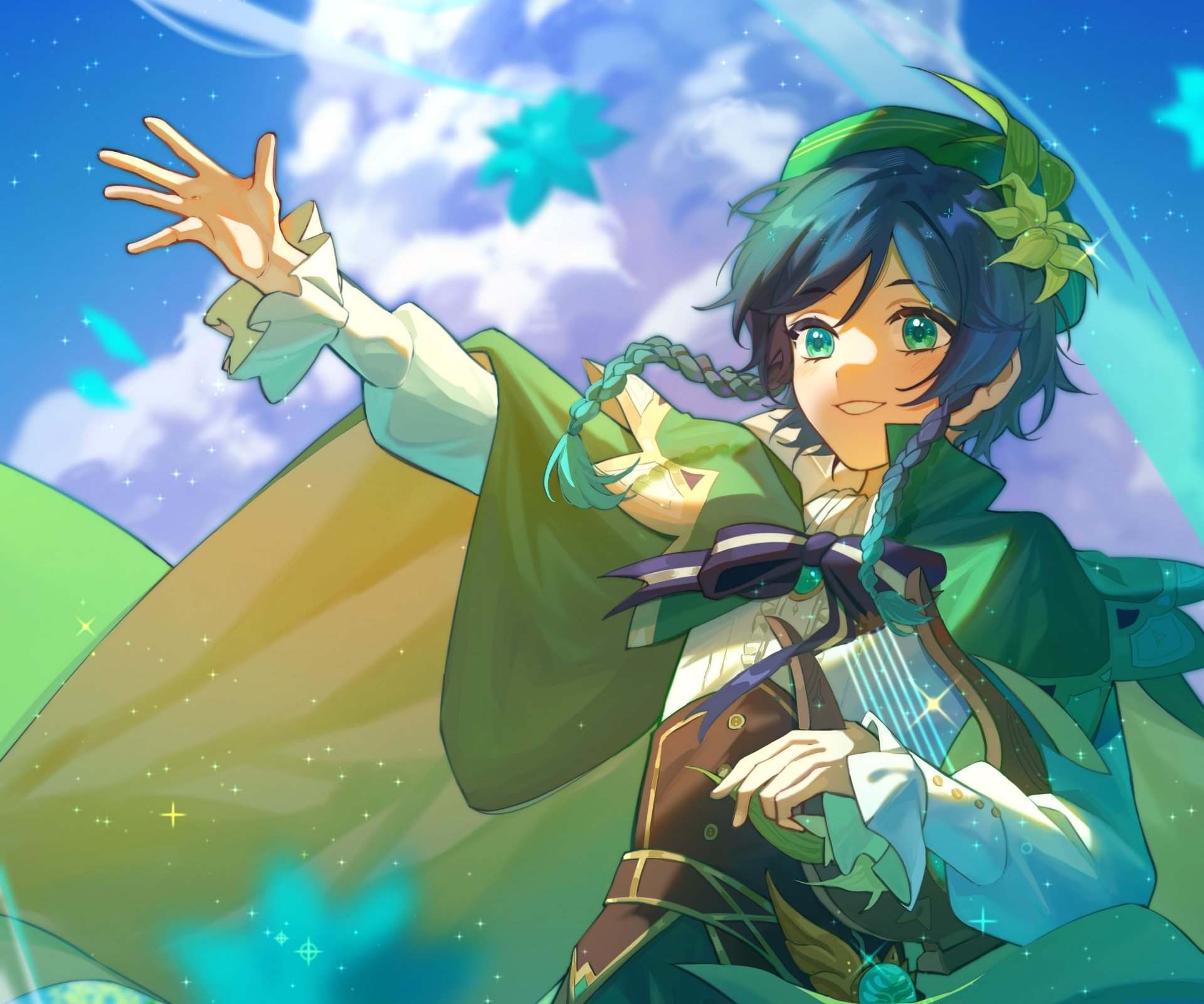 Venti (Genshin Impact) smiling with his lyre and green cloak against bright clouds — vibrant video game 2K Quad HD PC desktop wallpaper/background.