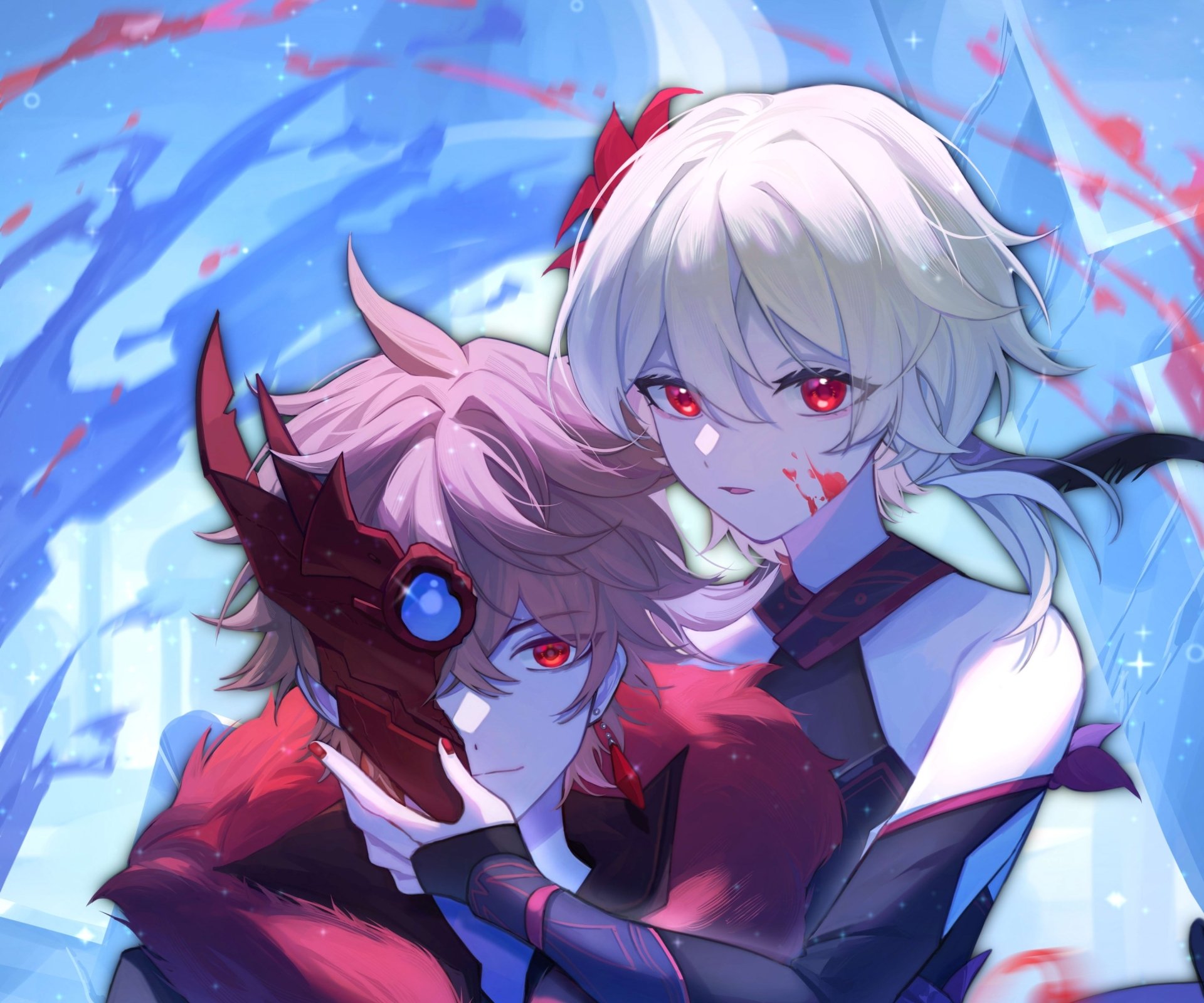 2K Quad HD PC wallpaper of Lumine and Tartaglia (Childe) from Genshin Impact: close-up portrait with red eyes, half-mask and swirling water-blue background.
