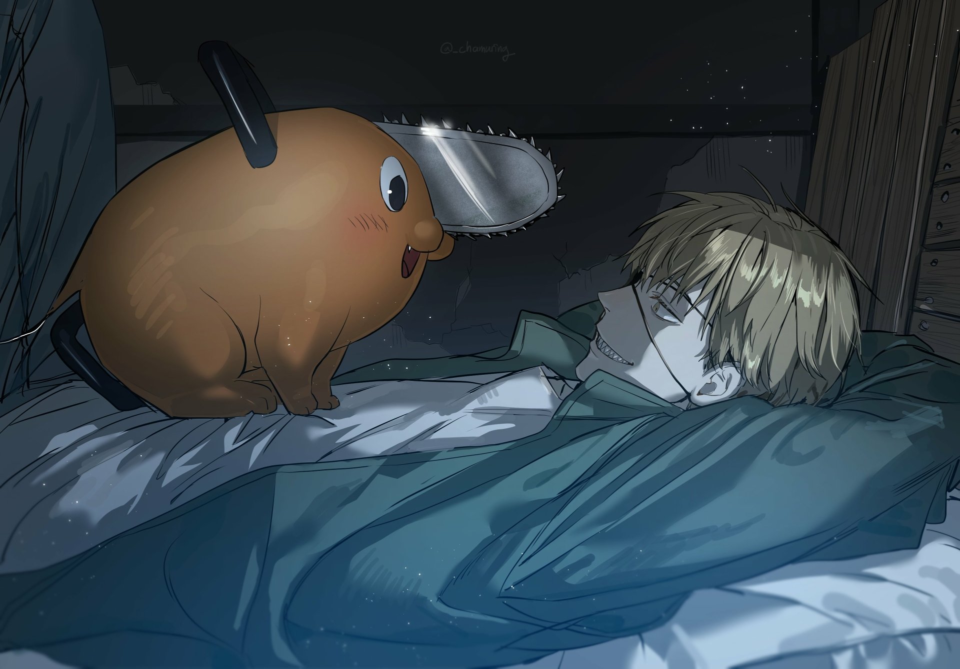 HD PC desktop wallpaper featuring Denji and Pochita from the anime Chainsaw Man, showcasing a quiet, atmospheric moment between the characters.