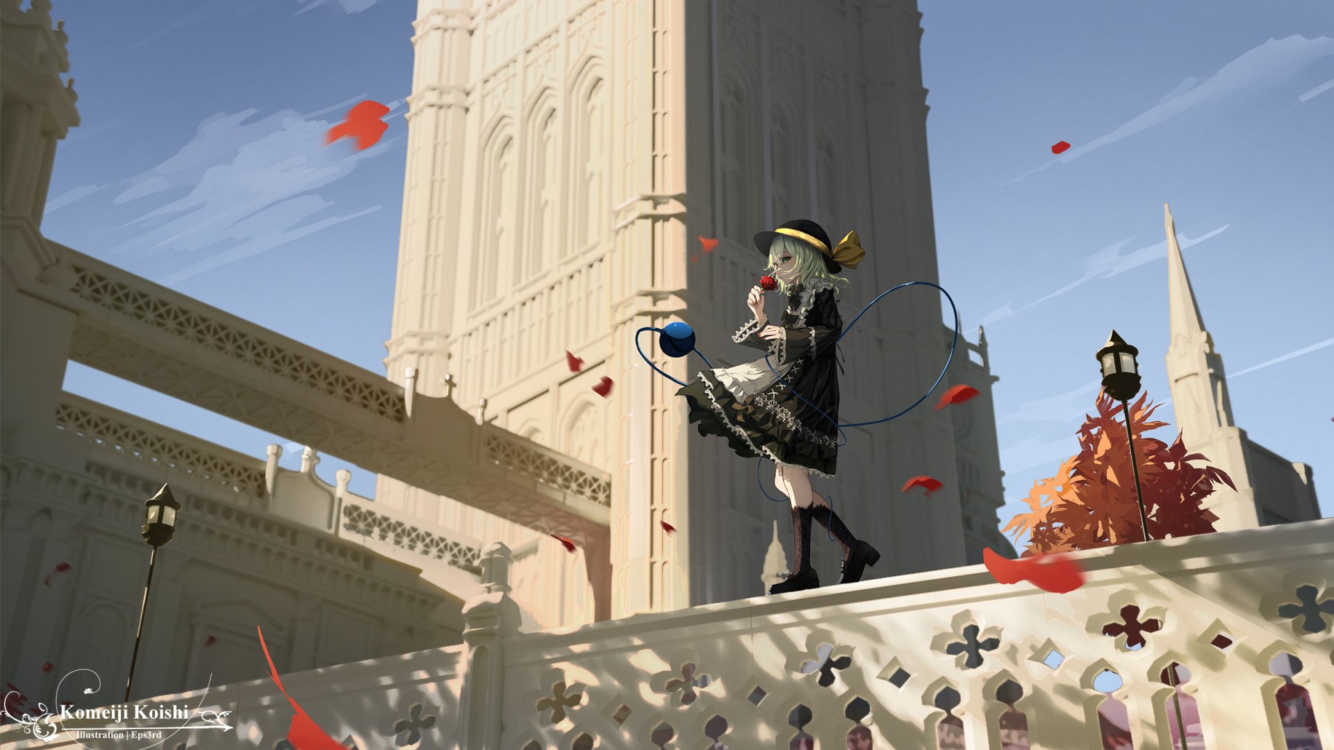 HD anime desktop wallpaper featuring Koishi Komeiji from Touhou, standing on an ornate balcony with autumn leaves swirling around a grand architectural backdrop.