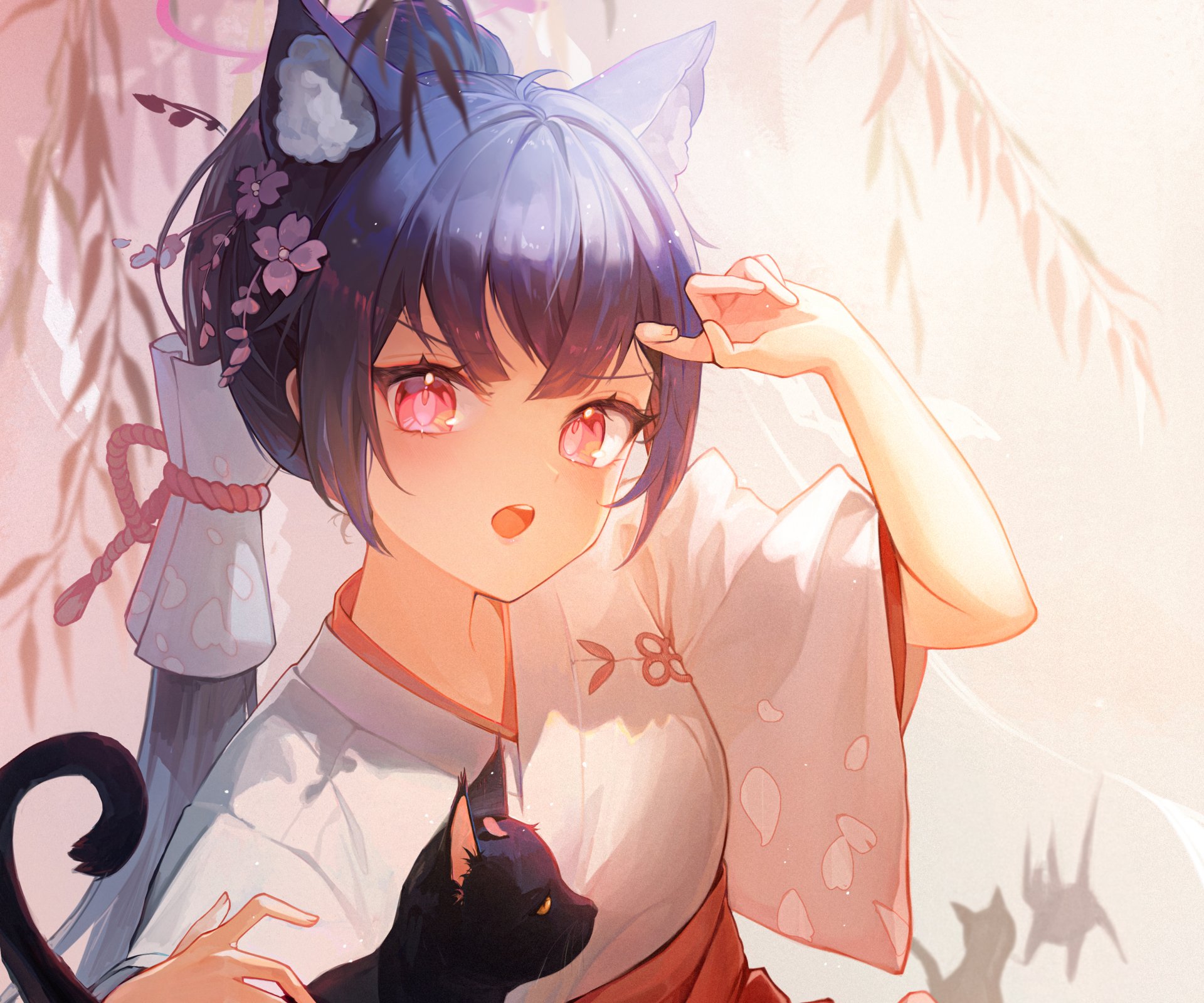 Kuromi Serika from Blue Archive in soft sunlight, wearing a kimono with floral hair ornaments and cat-ear accents, pink eyes and hand raised to her brow — 2K Quad HD PC wallpaper/background.