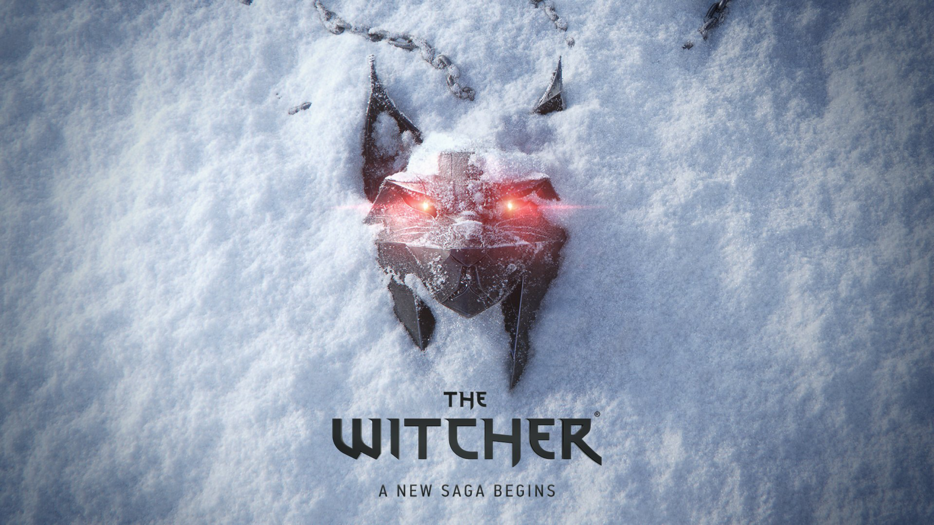 HD PC desktop wallpaper featuring The Witcher 3: Wild Hunt logo with glowing red eyes in snow, from CD Projekt Red's iconic video game series.