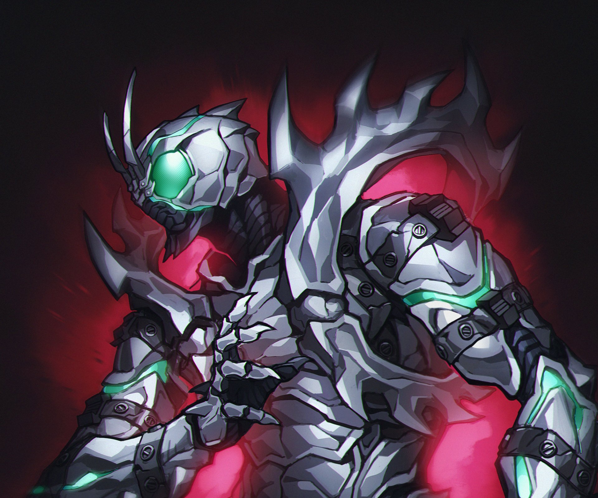 HD anime-style Kamen Rider character with glowing green eyes and intricate white armor, set against a dark red background, designed as a PC desktop wallpaper.