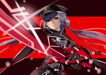 Anime Yu-Gi-Oh! 4K Ultra HD PC desktop wallpaper — silver‑haired duelist in a dark uniform and cap, red eyes, wielding a glowing crimson blade against a red-and-black geometric backdrop.