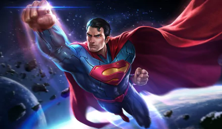 HD PC desktop wallpaper featuring Superman from DC Comics in dynamic action, inspired by the video game Arena of Valor, set against a cosmic background.