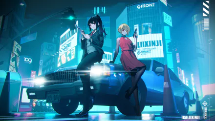Chisato Nishikigi and Takina Inoue from the anime Lycoris Recoil pose against a neon-lit city backdrop by a vintage car in this HD PC desktop wallpaper.
