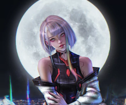 A detailed HD anime wallpaper of Lucy from Cyberpunk: Edgerunners, featuring her with short pale hair and futuristic attire against a full moon backdrop.