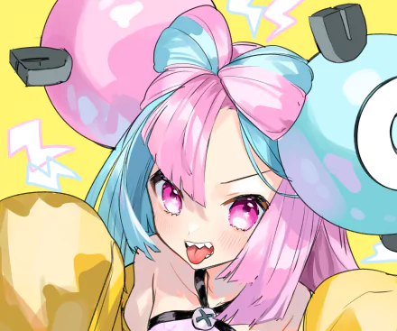 Vibrant anime-style close-up of a pink-and-blue haired character with bow and fang, playful expression amid colorful shapes — 2K Quad HD PC desktop wallpaper/background for Pokémon: Scarlet and Violet