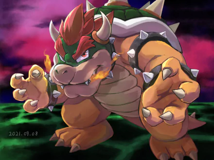 HD PC desktop wallpaper of Bowser from the Super Mario Bros. video game, roaring with fiery breath, spiked shell and claws against a moody purple-green background.